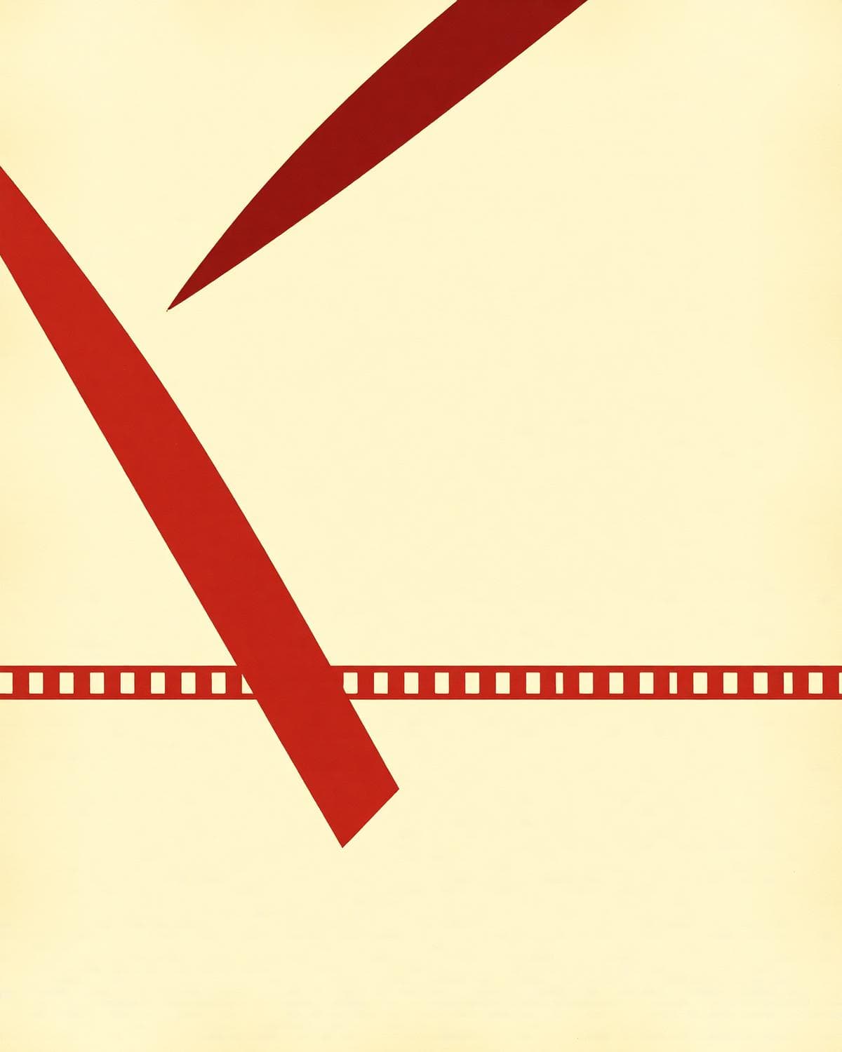 Abstract editorial artwork of wine-red arcs and a film-strip band on parchment